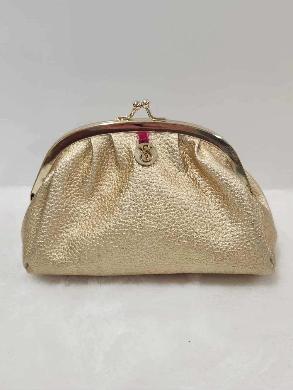 Victoria's Secret VS Gold Kiss Lock Pebbled Faux Leather Cosmetic Bag Pouch